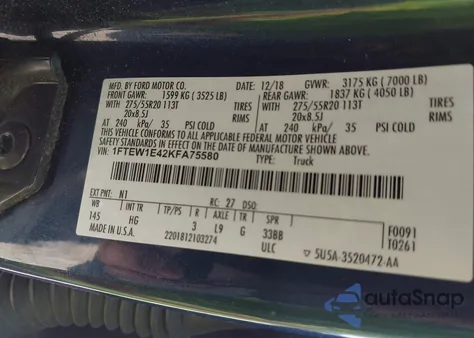 2019 Ford F-150 Lariat z USA, uszkodzony, nr VIN 1FTEW1E42KFA75580